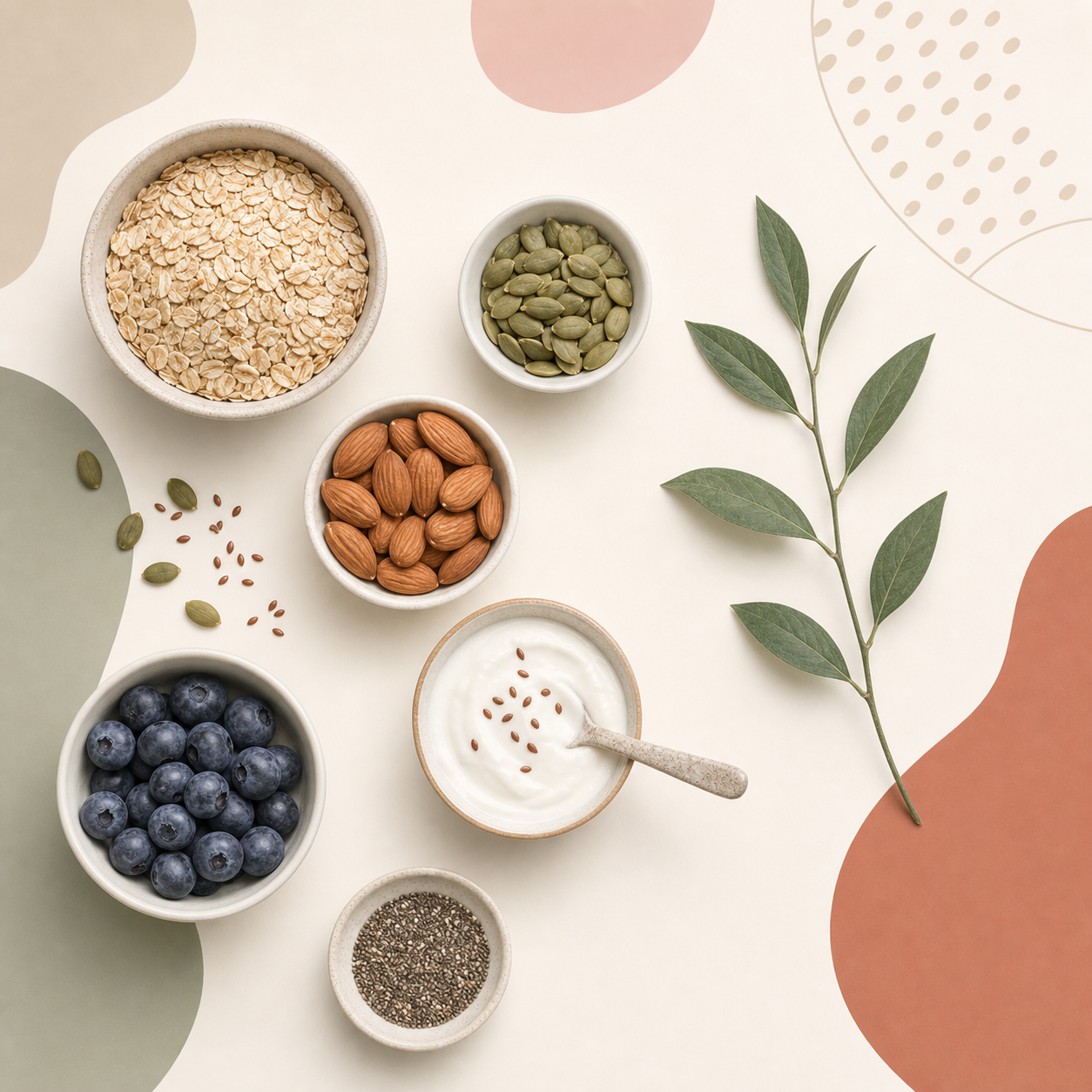 Generated nutrition flat-lay placeholder with organic brand-colour blob shapes